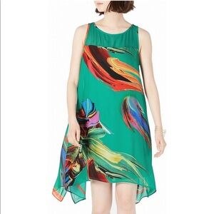 GREEN Trapeze chiffon overlay DRESS  SLEEVELESS HIGH LOW paint brush pattern 12